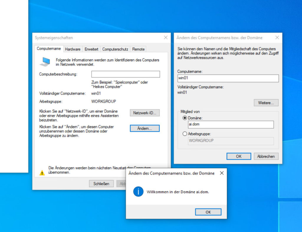 Aufnehmen des PCs in die Domäne, Erfolgsmeldung