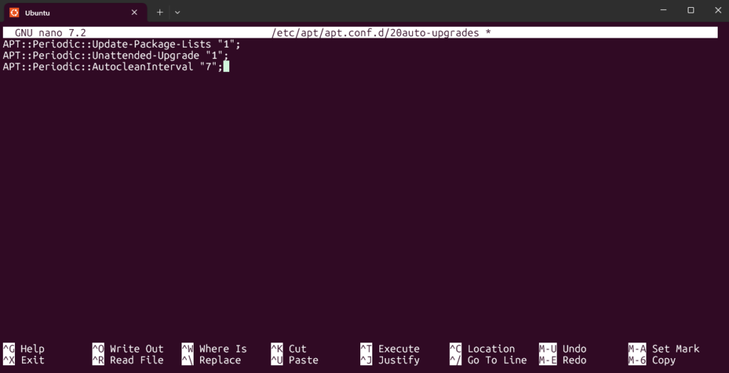 Nano-Ansicht der config datei für automatische Updates auf Ubuntu Server