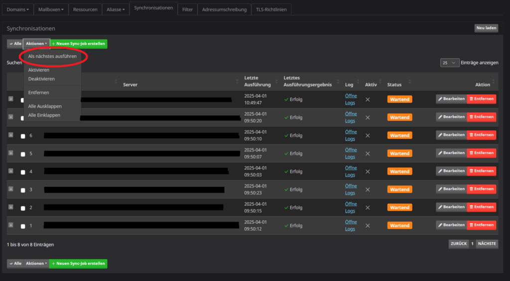 Mailcow-Optionen