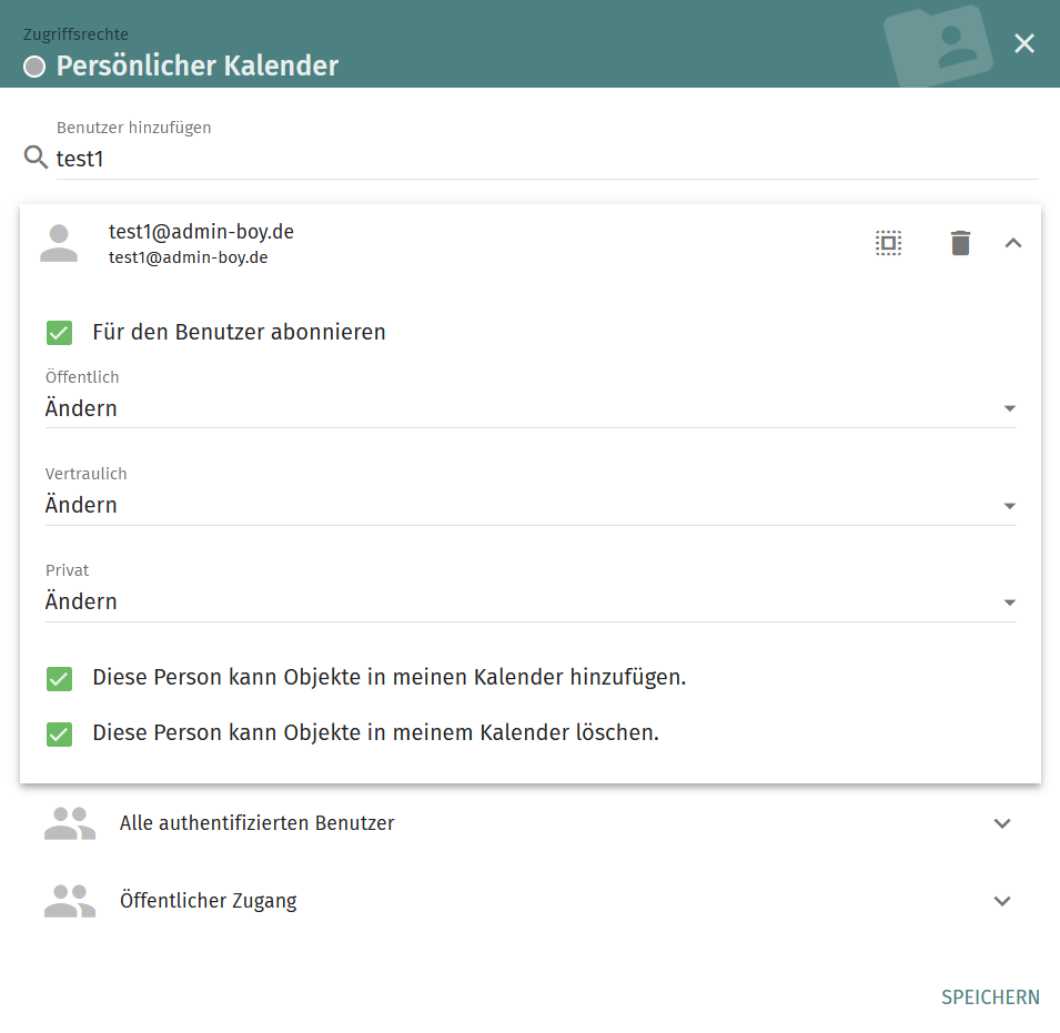 Zugriffsrecht für Kalender und Kontakte - lesen, bearbeiten und löschen