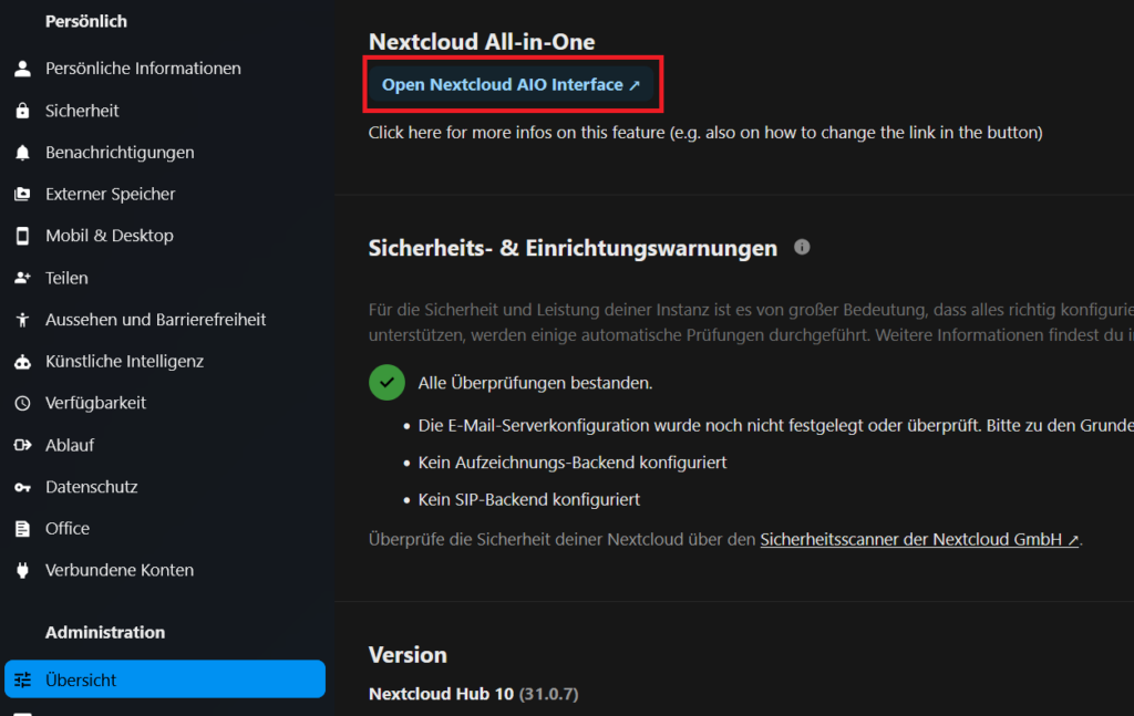 Nextcloud AIO-Weboberfläche