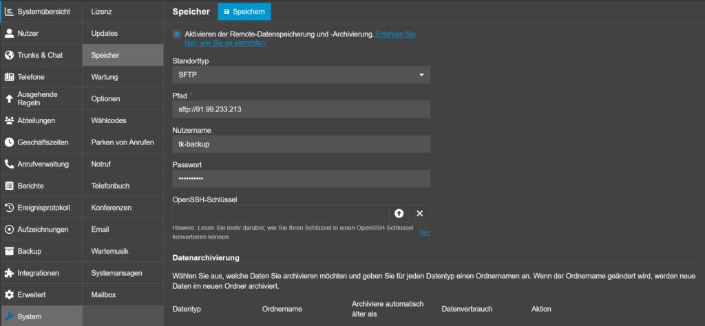 Anlegen der 3CX Remote Sicherung