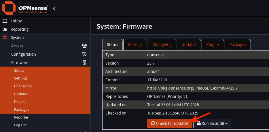 OPNsense Check for Updates
