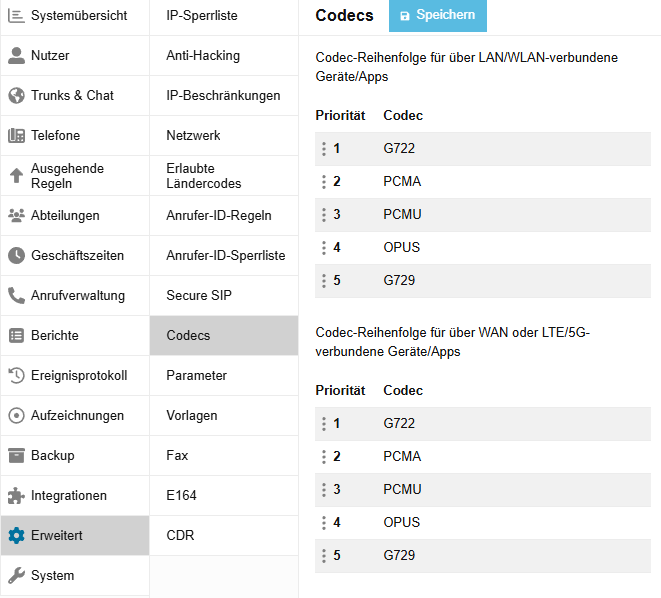 3CX Codec Einstellung Endgeräte