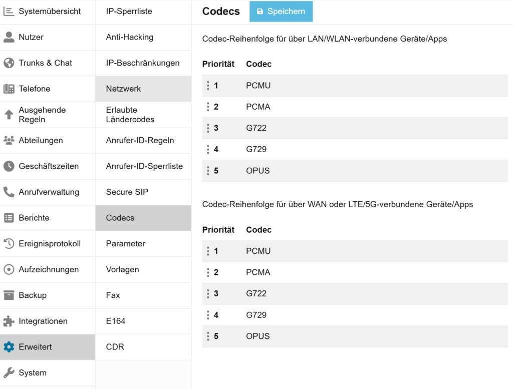 3CX Codec Einstellung schwache Geräte