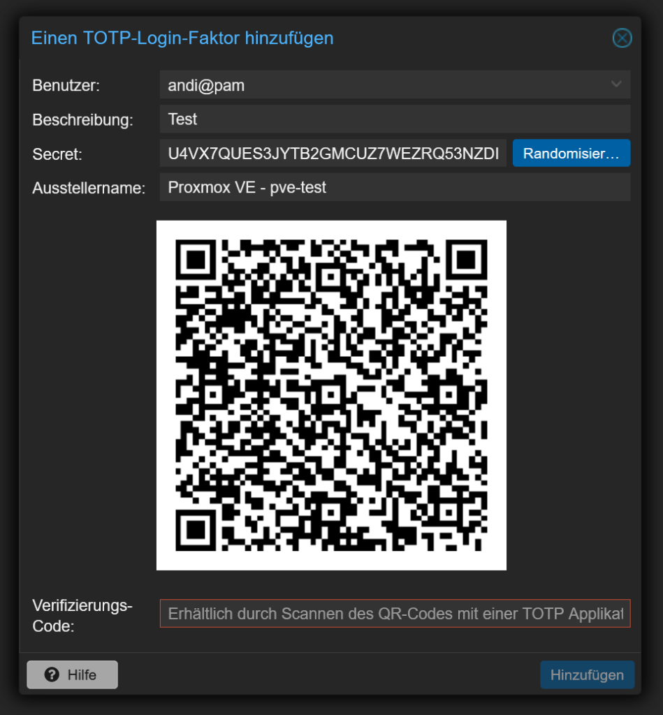 Proxmox Zwei-Faktor-Authentifizierung Schlüssel erstellen