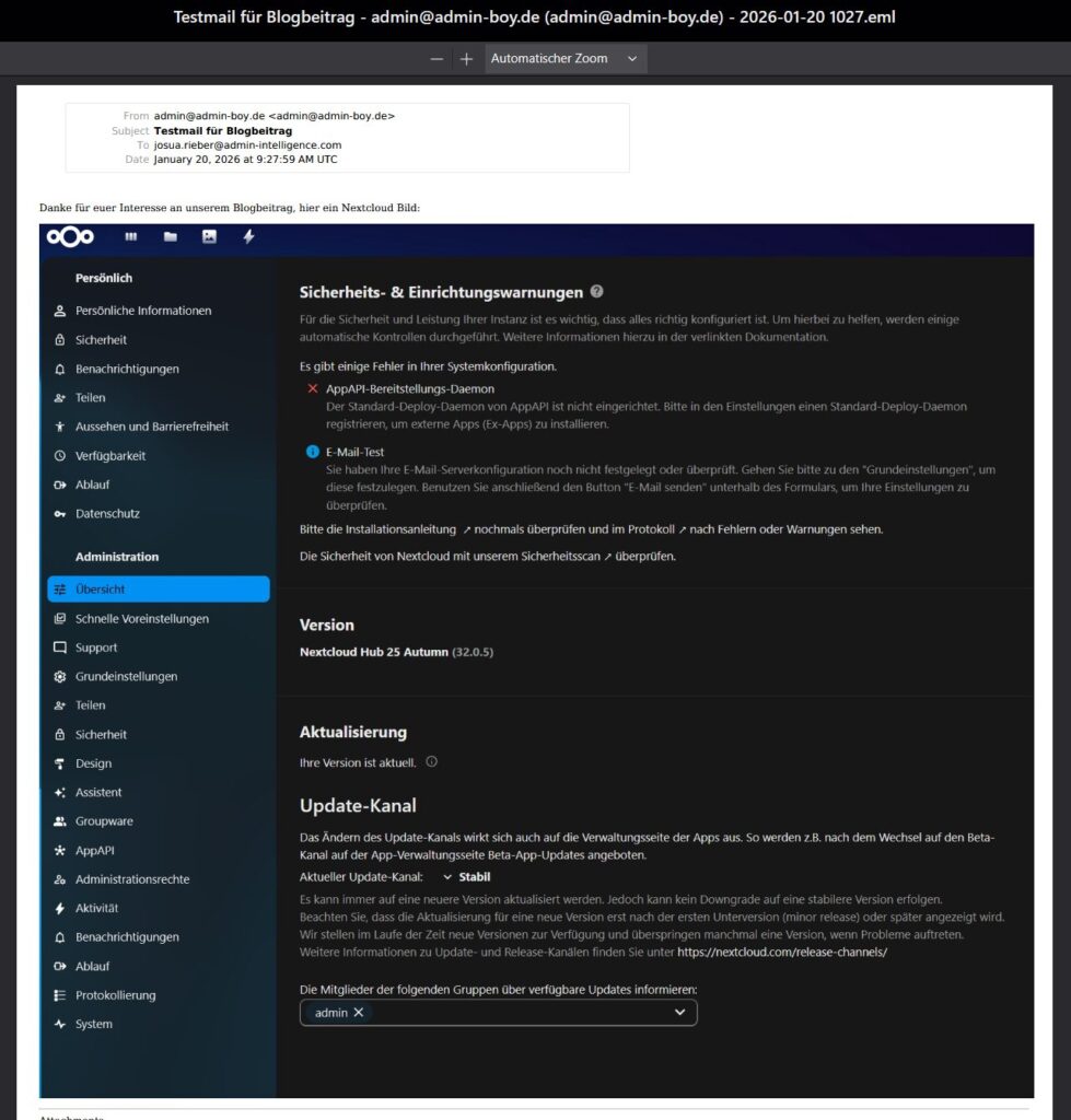 Abschließender Funktionstest für Email Viewer