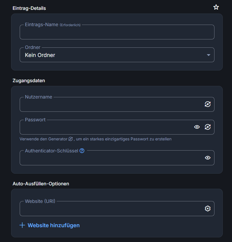 Bitwarden interface. Anlegen einer 2FA