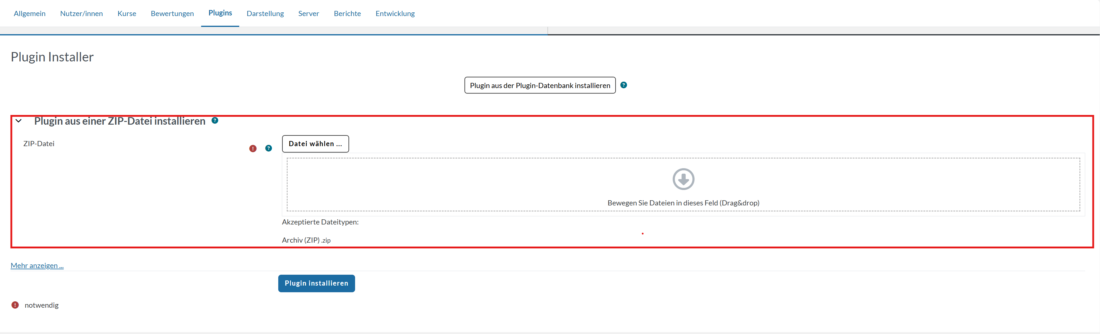 ZIP zeile Plugin installieren H5P in Moodle
