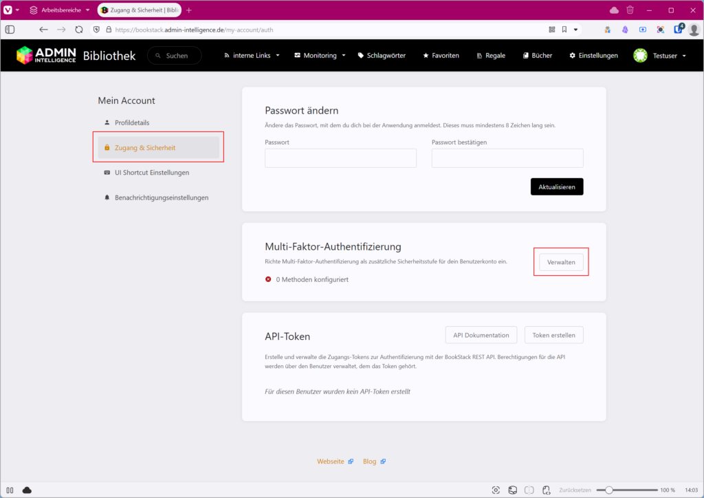 BookStack Benutzerkonto – Bereich "Zugang & Sicherheit" mit hervorgehobener Option zur Multi-Faktor-Authentifizierung