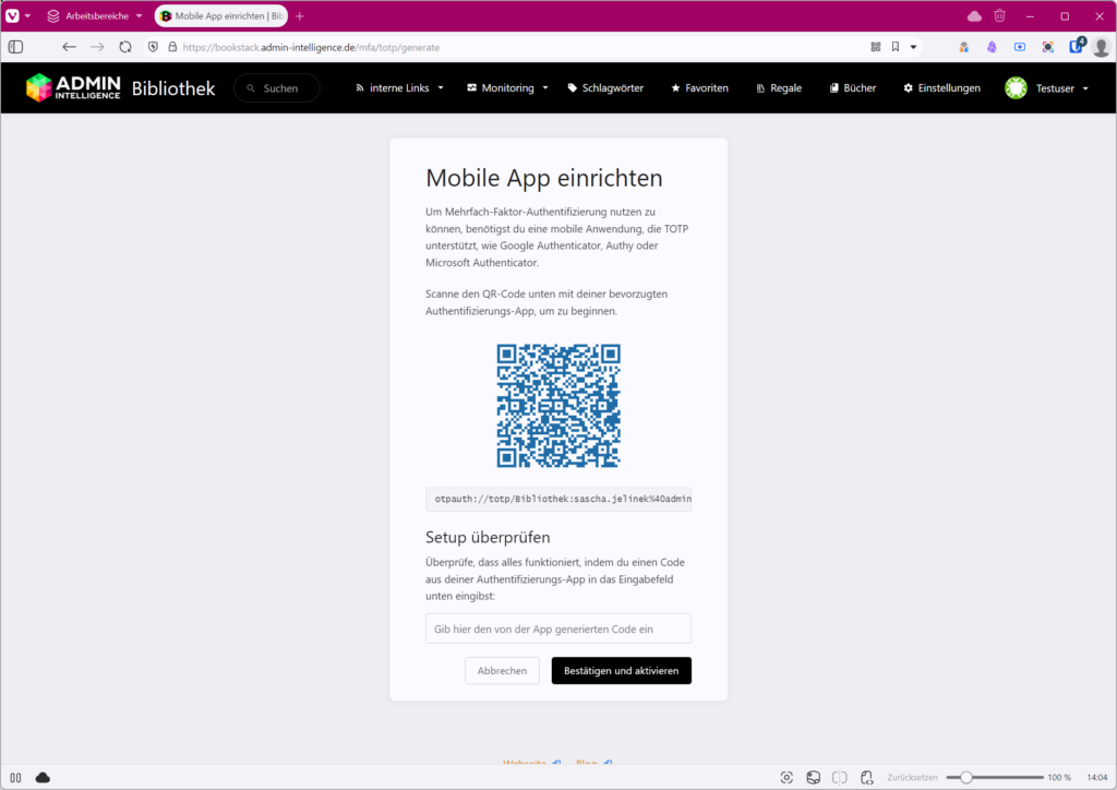 BookStack Dialog "Mobile App einrichten" mit QR-Code für TOTP und Eingabefeld zum Bestätigen des Authentifizierungscodes