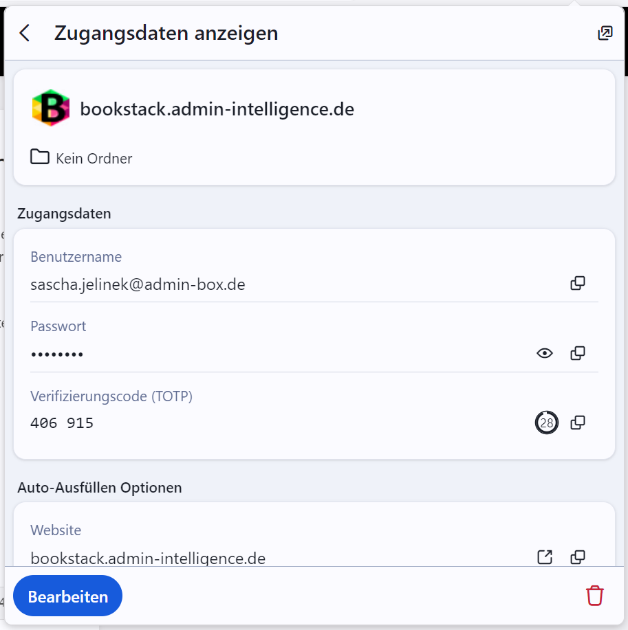 Vaultwarden-Eintrag mit Zugangsdaten für BookStack inklusive TOTP-Verifizierungscode für die Zwei-Faktor-Authentifizierung