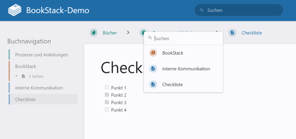 BookStack Seite mit Breadcrumb-Navigation und Suchvorschlägen