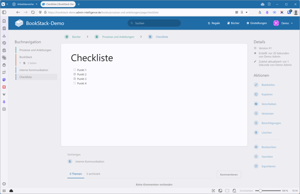 BookStack Checkliste als Aufgabenliste im Editor und in der Seitenansicht