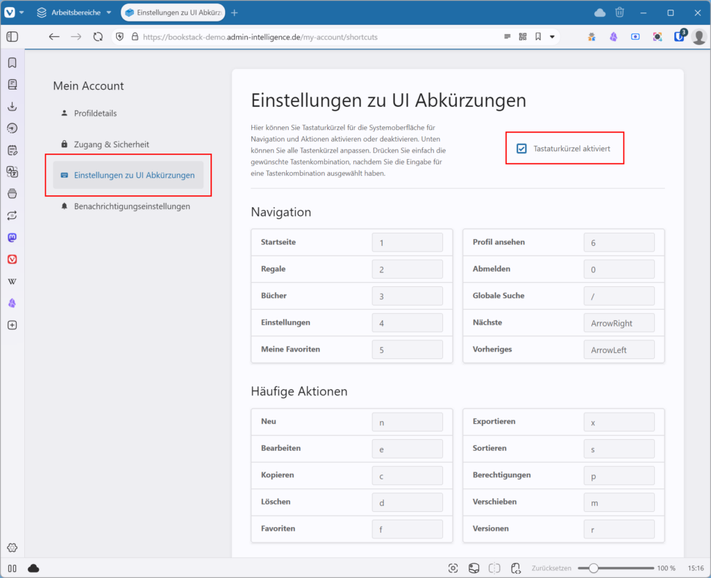 BookStack Einstellungen für UI-Tastaturkürzel mit aktivierten Shortcuts