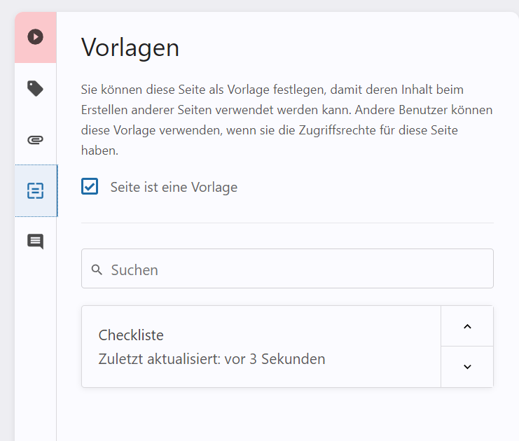 BookStack Vorlagen-Seite mit als Template markierter Checkliste