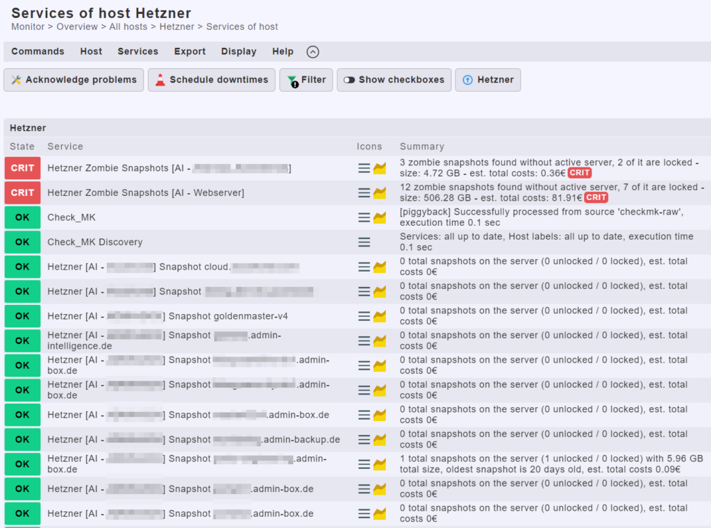 Übersichtsansicht der Checkmk‑Services für den Host „Hetzner“ mit mehreren Snapshot‑Services und zwei kritischen „Hetzner Zombie Snapshots“‑Checks, die Anzahl, Größe und Kosten der Hetzner‑Snapshots pro Projekt zusammenfassen.