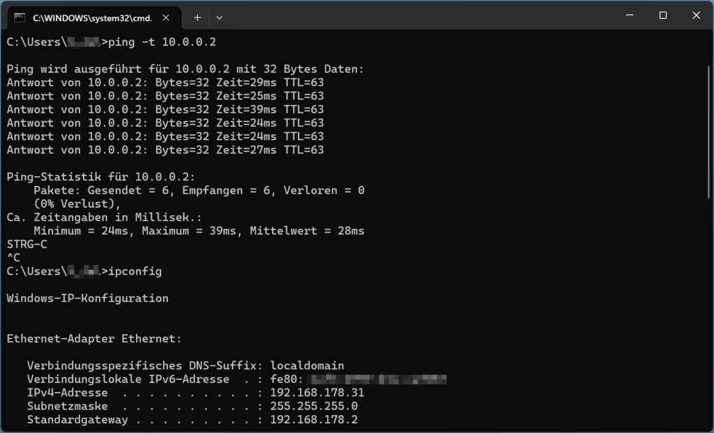 Windows Ping-Test: Erfolgreiche Verbindung zu OPNsense Firewall 10.0.0.2 über IPSec VPN Tunnel mit stabiler Latenz