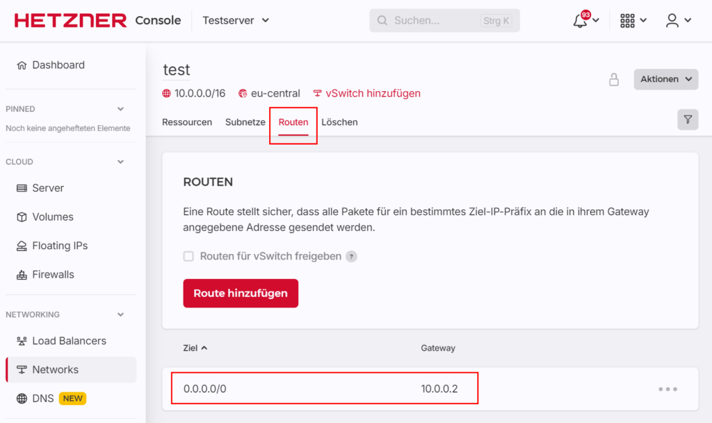 Hetzner Console: Statische Route hinzufügen im privaten Netzwerk mit Ziel-IP und Gateway-Konfiguration für OPNsense VPN