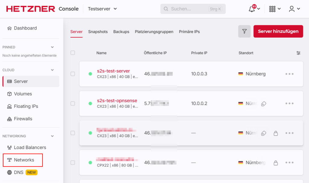 Hetzner Cloud Server-Übersicht: OPNsense Firewall-Server mit privater IP 10.0.0.2 im privaten Netzwerk für VPN-Gateway