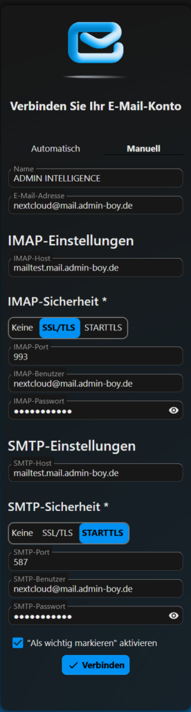 Nextcloud Mail manuelle Konfiguration