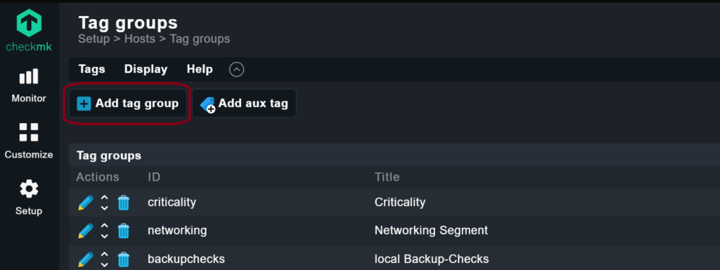 Checkmk Tag Groups konfigurieren und neue Tags erstellen.