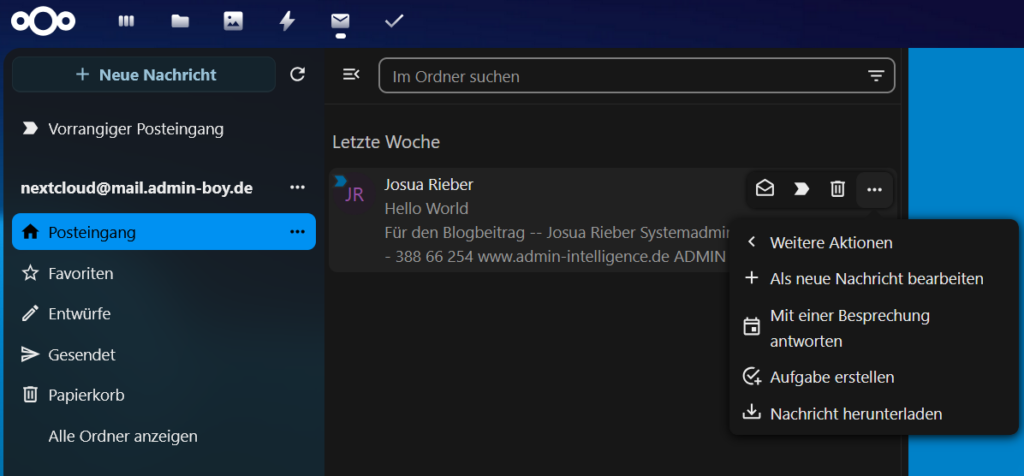 Nextcloud Mail Optionen Weitere Aktionen
