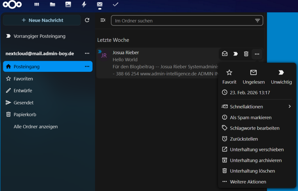 Nextcloud Mail Optionen