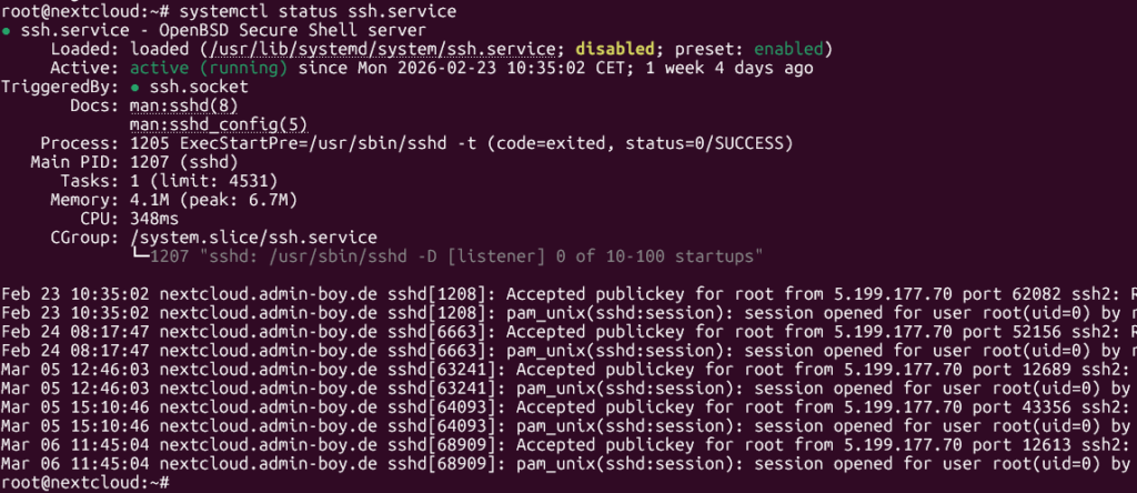 ssh Service auf Nextcloud prüfen