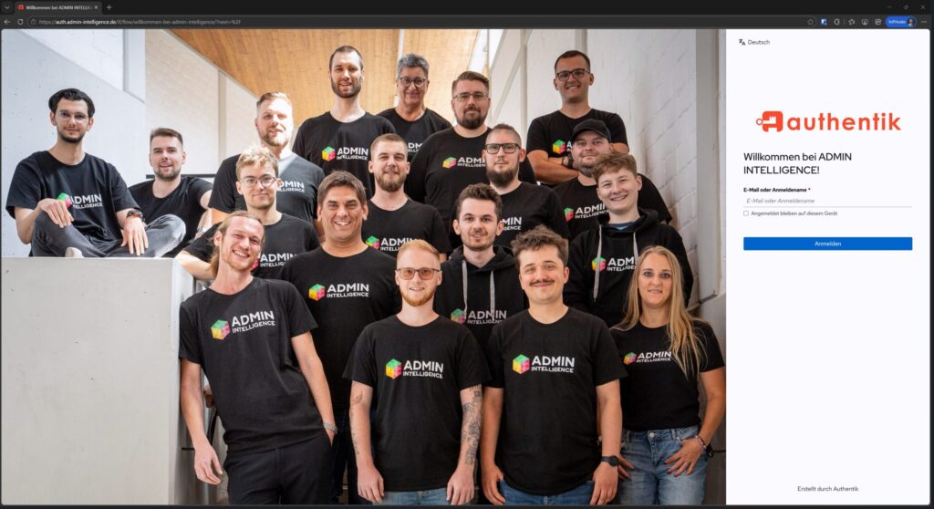Authentik Login-Maske von Admin Intelligence mit Teamfoto im Hintergrund und Anmeldeformular für den sicheren Zugriff