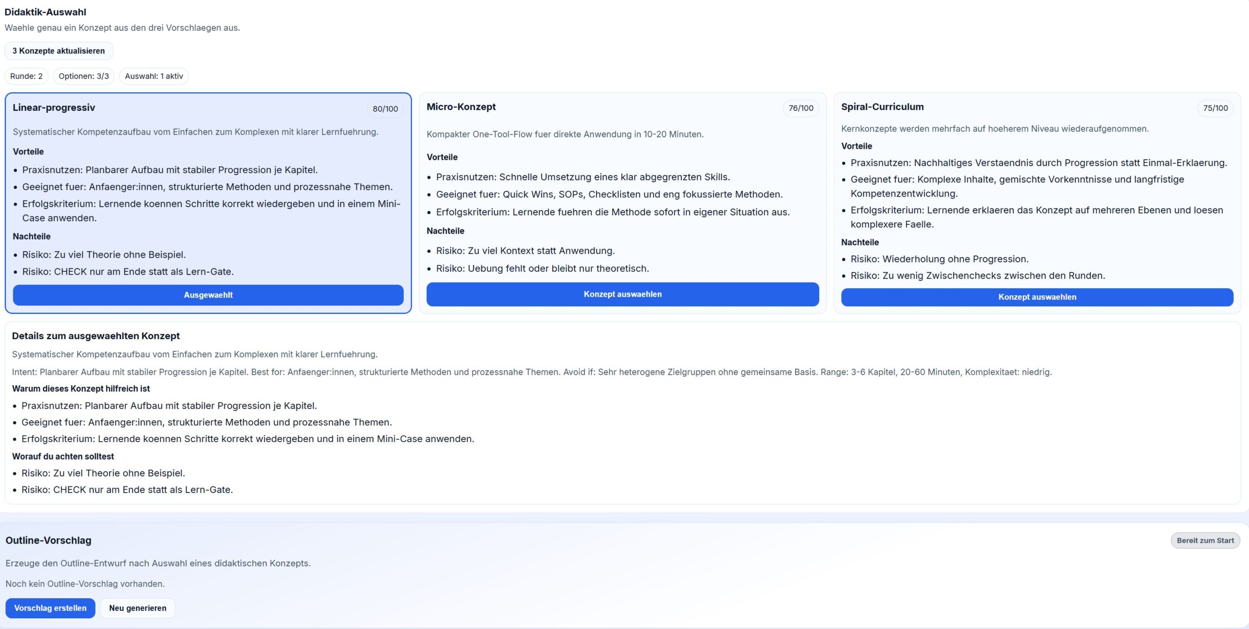 LMS-Wizard, didaktisches Konzept auswählen