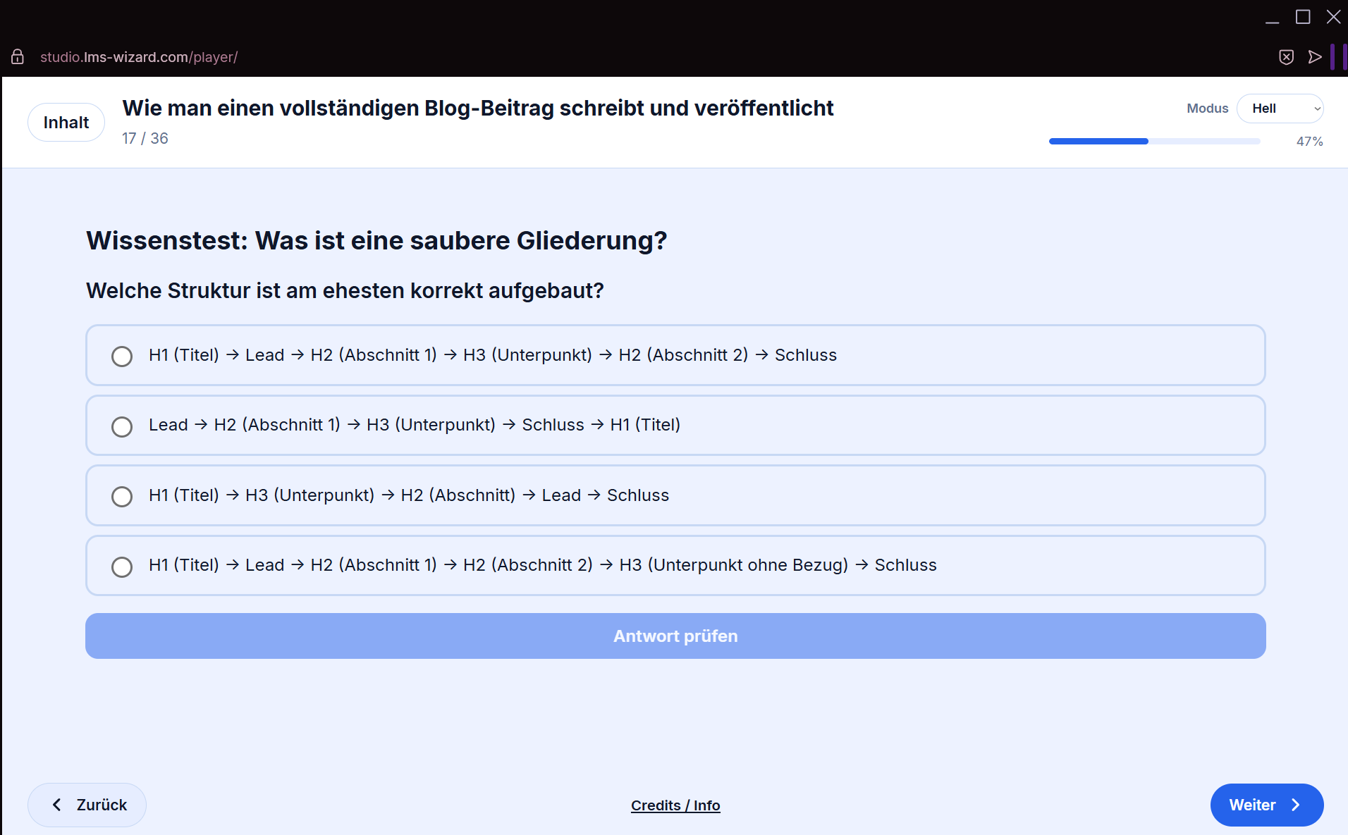 LMS-Wizard, Preview des Kurses