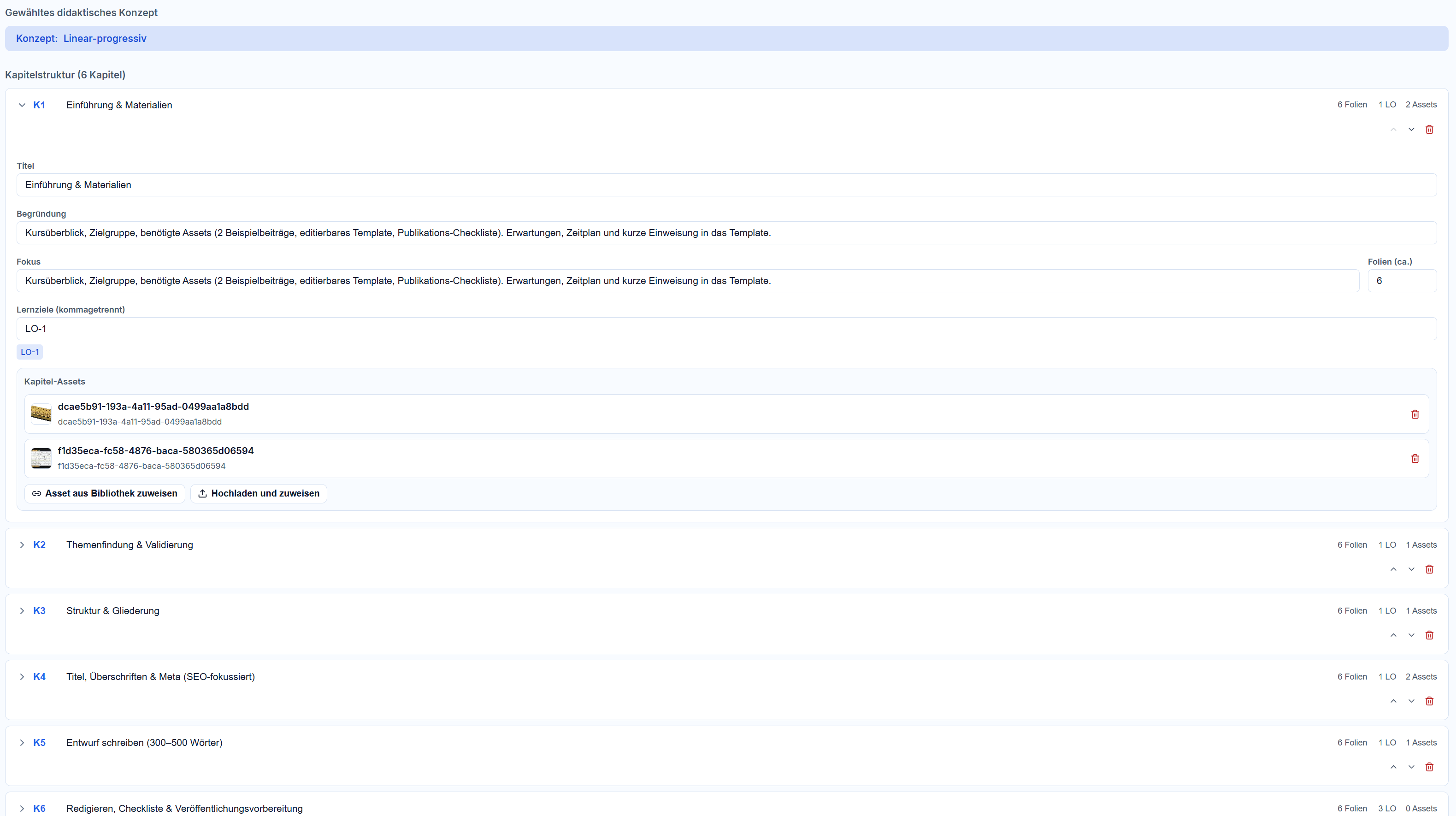 LMS-Wizard, Kapitelstruktur bearbeiten