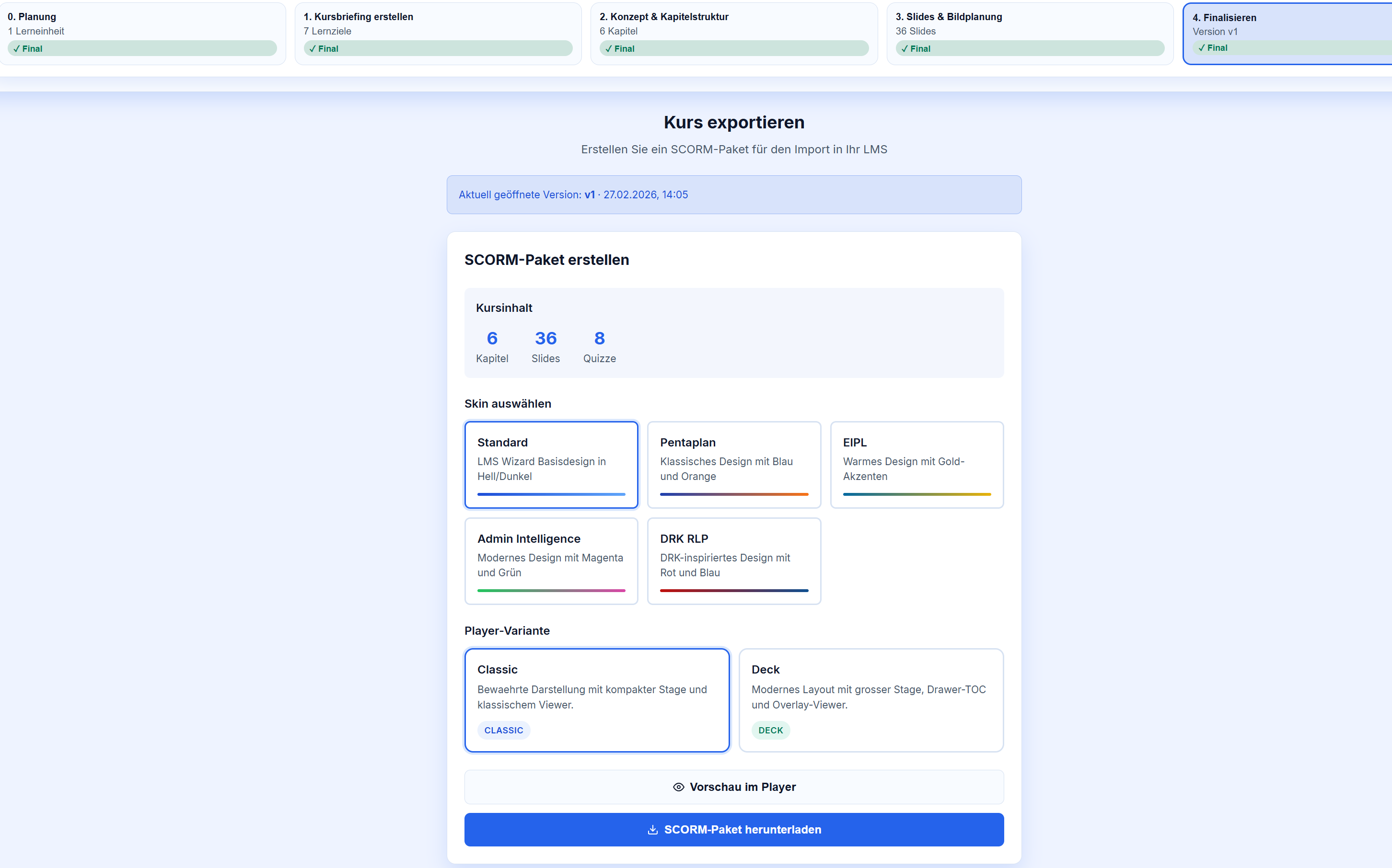 LMS-Wizard, SCORM Paket exportieren, Player und Skin auswählen, Preview Möglichkeit