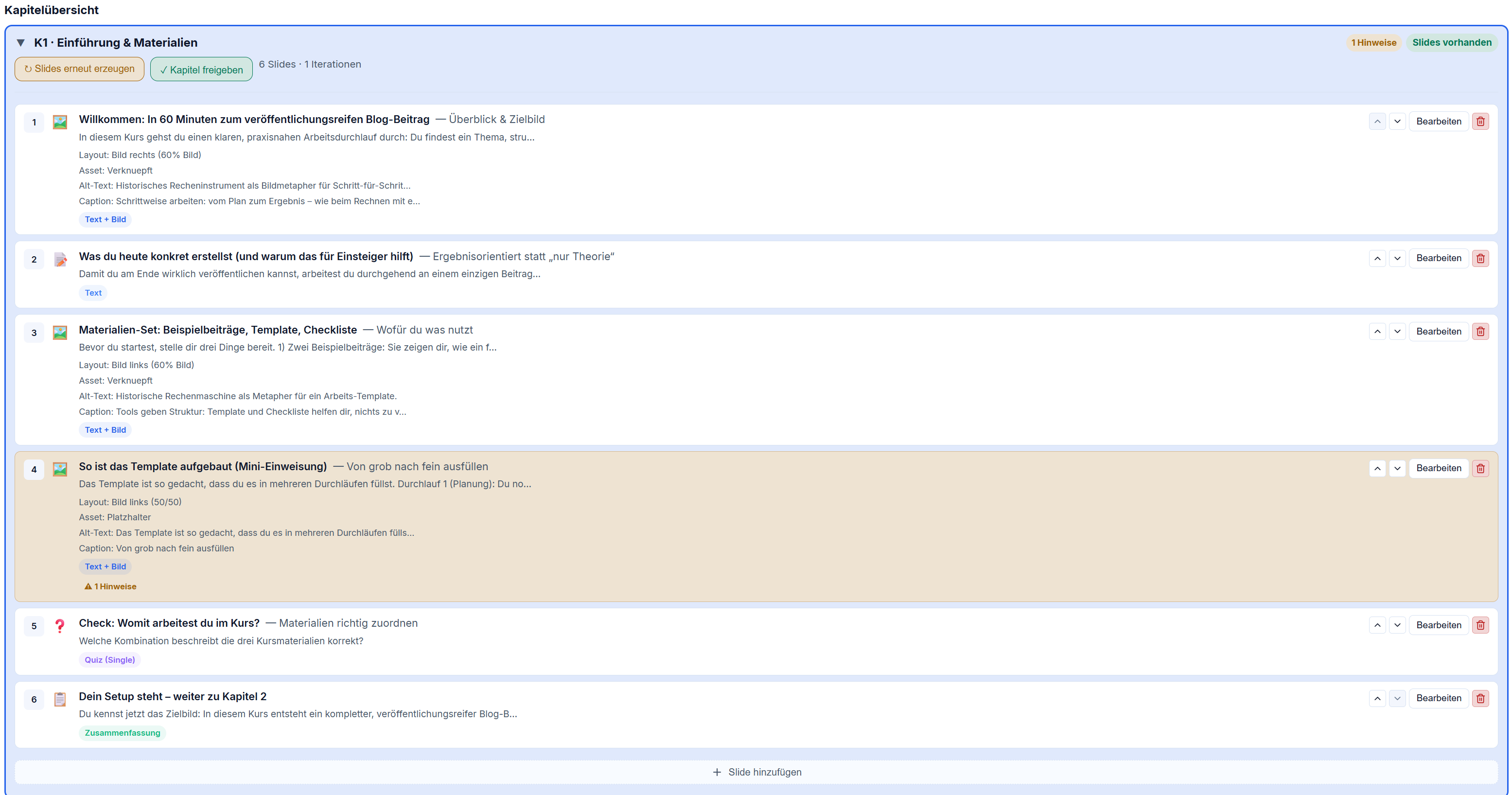 LMS-Wizard, Kursslide bearbeiten per Dropdown-Menü