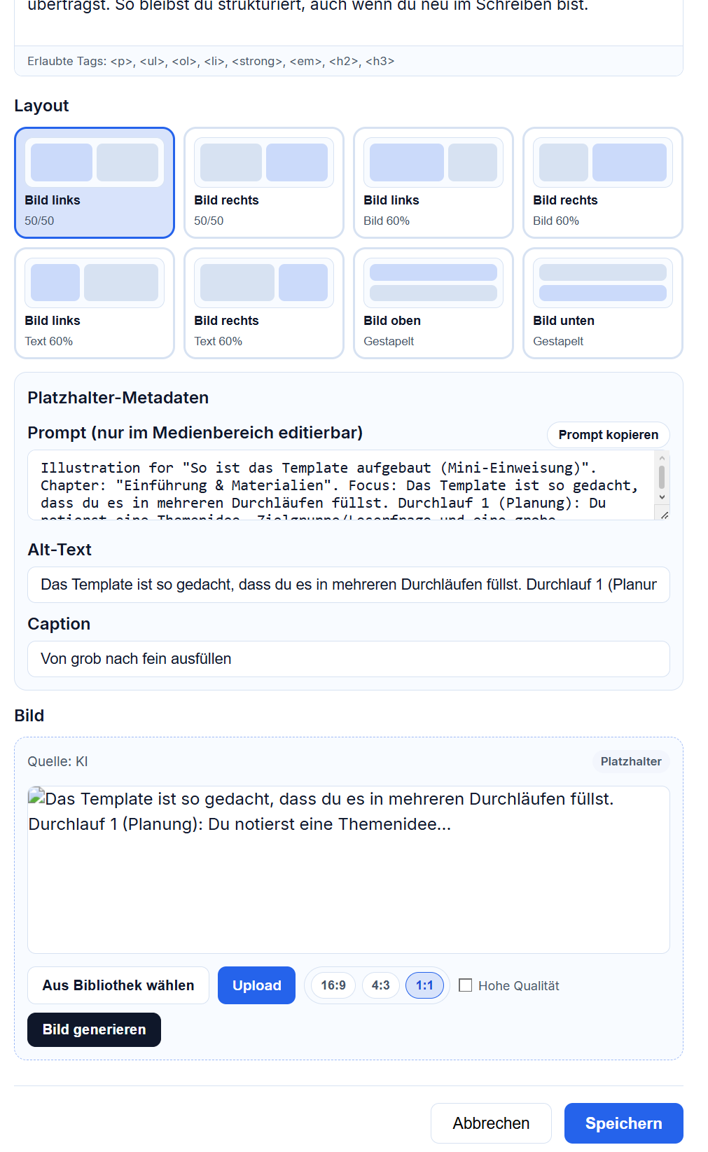 LMS-Wizard, Hinweis/Fehler bearbeitung und KI Bildergenerierung