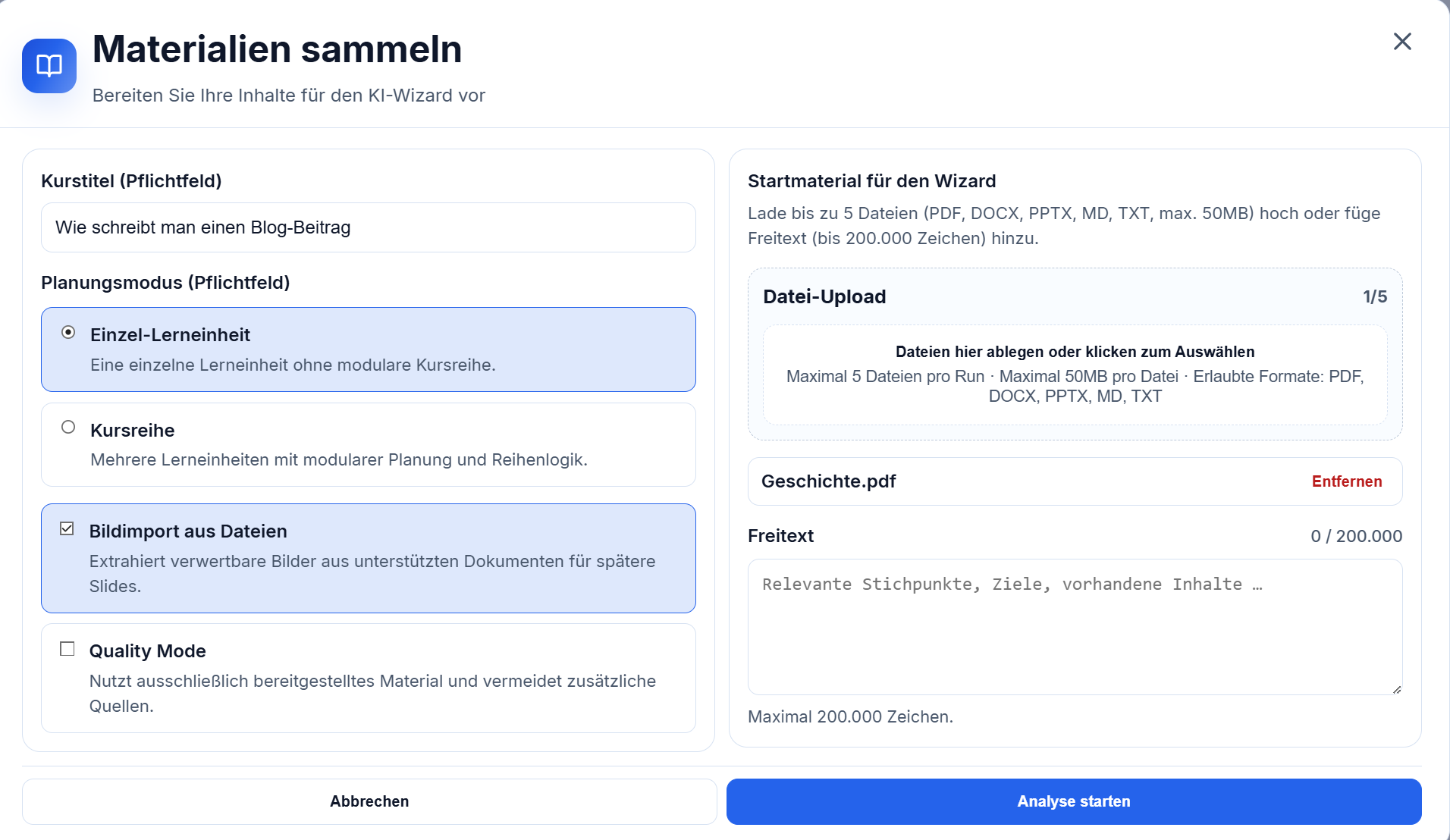 LMS-Wizard, material sammeln, Einzelkurs oder Kursreihe und Intake