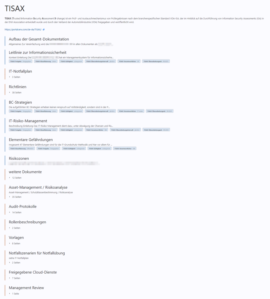 BookStack Beispielübersicht: komplette ISMS-Dokumentationsstruktur mit Büchern für Leitlinie, Richtlinien, Notfallplan, Rollen und Risiko-Management