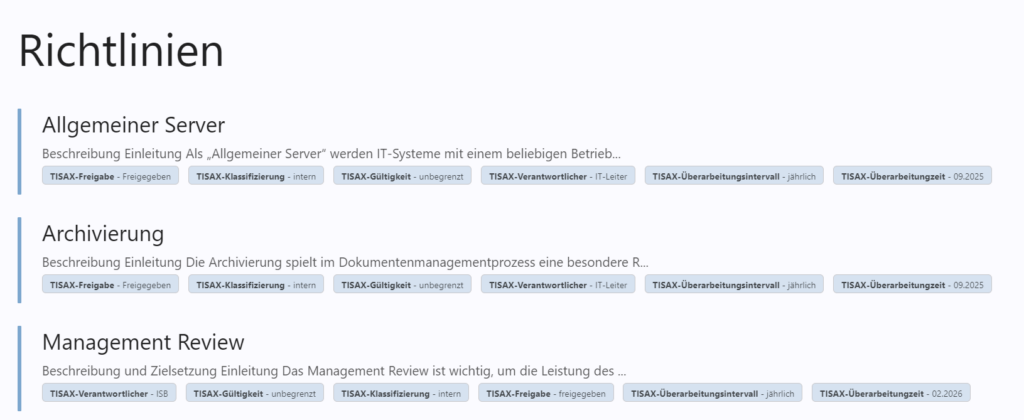 BookStack Richtlinienübersicht im ISMS mit Tags für Freigabe, Klassifizierung, Gültigkeit, Verantwortliche und Überarbeitungsintervalle