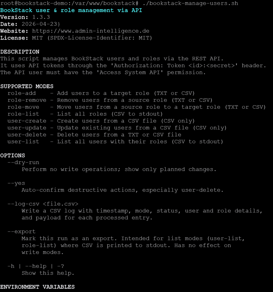 Terminal-Ausgabe des bookstack-manage-users.sh Bash-Scripts v1.3.3 – zeigt unterstützte Modi wie user-create, role-move und user-delete sowie Optionen wie --dry-run und --log-csv für die BookStack Benutzerverwaltung via REST API.
